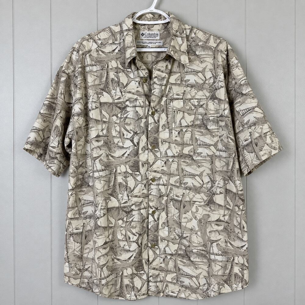 Columbia Men XL Fish Print Button Up Shirt Fishing Outdoor Vintage Y2K